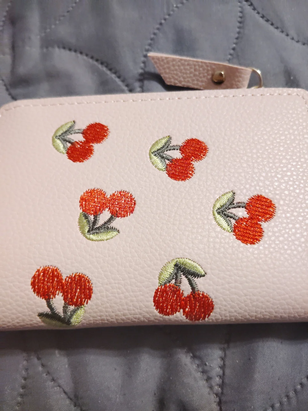 Women’s 🍒 Cherry Embroidered Zip Wallet - Blush Pink!